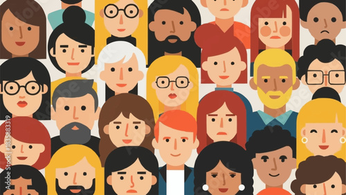 Diverse group of people with various hairstyles and expressions.