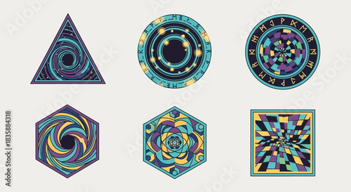 Mystical geometric emblems and sacred symbols in vibrant, ethereal colors evoke ancient magic and cosmic wonder for unique designs.