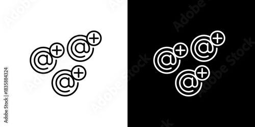 Multiple '@' symbols with plus signs inside circles on black and white backgrounds, representing digital communication or online services