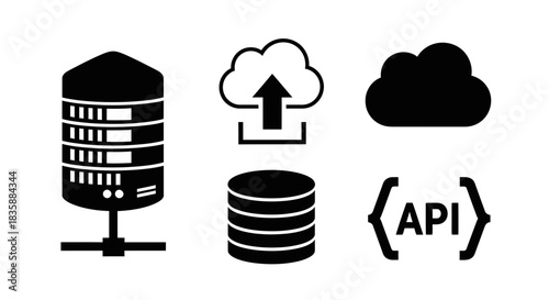 Dynamic server rack, cloud upload icon, database stack, and API code symbol represent modern digital infrastructure and data management solutions.