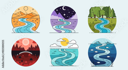 Captivating collection of diverse natural landscapes, from deserts to forests and starry nights, beautifully stylized for modern design projects.