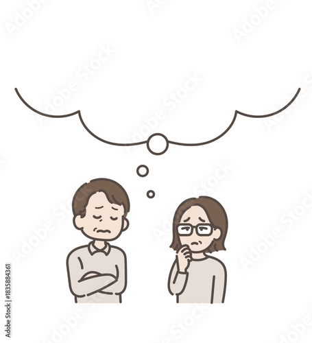 悩む、心配事がある吹き出し付き40代夫婦のイラスト
