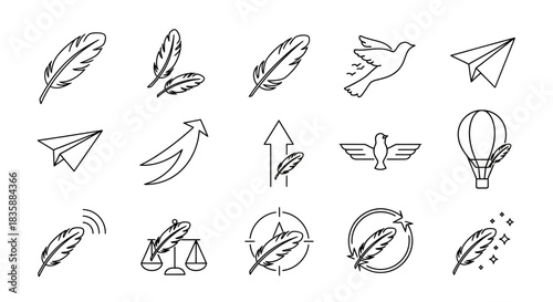 Inspiring collection of feather icons symbolizing freedom, creativity, growth, and communication for modern projects