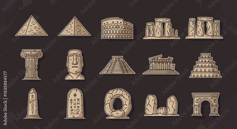 Naklejka premium Explore ancient wonders historical landmarks iconic monuments and global heritage sites collection for educational and travel themes