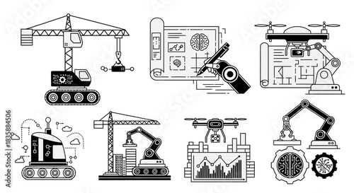 Innovative technology concepts showcasing robotic automation, AI brains, drones, and construction cranes for future industry growth