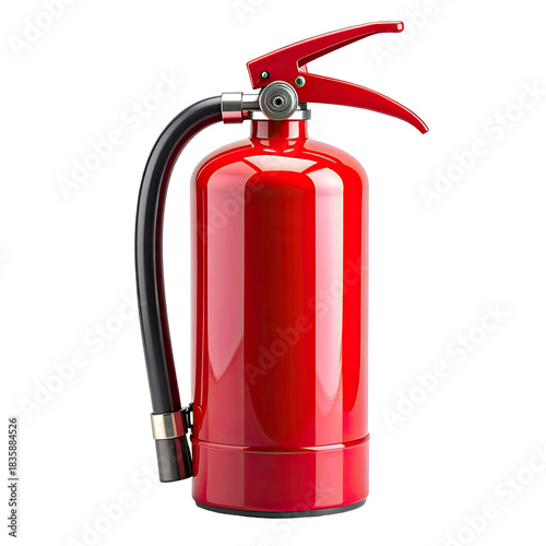 Shiny red fire extinguisher with black hose on solid black background