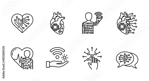 Digital health icons showcasing advanced technology in human biology, communication, and data analysis for innovative solutions