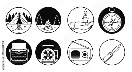 Discover adventure and nostalgia with these versatile camping, survival, and retro icons perfect for any project