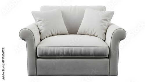 Elegant white armchair with pillows isolated on transparent background for interior design