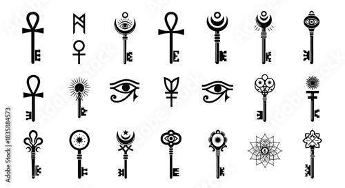 Unlock ancient secrets and mystical wisdom with these symbolic key designs featuring Egyptian Eye of Horus, Ankh, celestial moons, suns, and sacred geometry patterns for spiritual exploration.