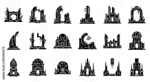 Collection of stylized ancient ruins and forgotten structures evoking mystery, history, and adventure