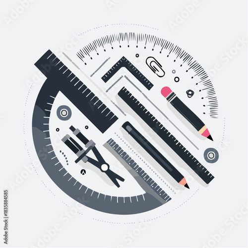 Dynamic circular arrangement of professional drafting and engineering tools, featuring rulers, pencils, and compasses, perfect for design, architectural drawing, and technical illustration