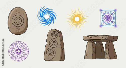 Ancient stones and mystical symbols evoke history, spirituality, and cosmic energy for captivating designs