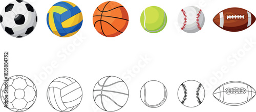 Set of colorful sport balls including soccer volleyball basketball tennis baseball and football with outline versions