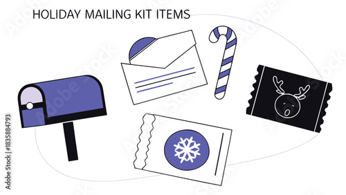 Holiday Mailing Kit Items Vector Illustration Christmas Symbols