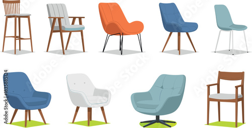 Set of modern stylish chairs and armchairs in various designs for interior furniture decoration