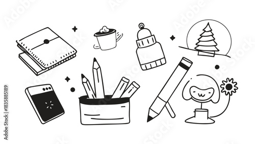 Hand drawn collection of doodle icons notebooks pencils coffee cup and winter elements