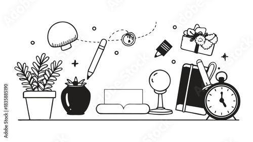 Doodle Style Desk Accessories Black and White Vector Illustration
