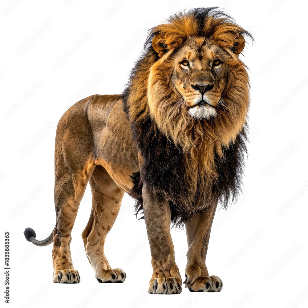 Obraz premium Regal lion with a majestic mane standing tall and looking ahead