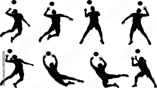 Set of volleyball player silhouettes in dynamic jumping hitting blocking and diving action poses isolated on white background