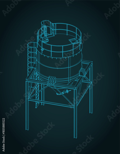 Silo storage for bulk materials isometric blueprint illustration