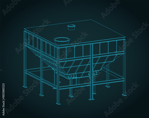 Industrial storage bunker for bulk materials isometric blueprint