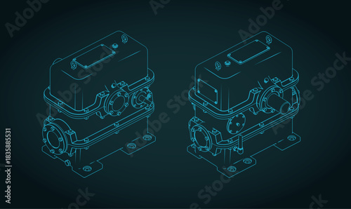 Two-stage worm gearbox isometrivc blueprints