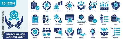 Performance Management Icon Set Collection. Consist Of Standard, consistency, improvement, accuracy, efficiency, performance, measurement, reliability. Simple Vector Illustration