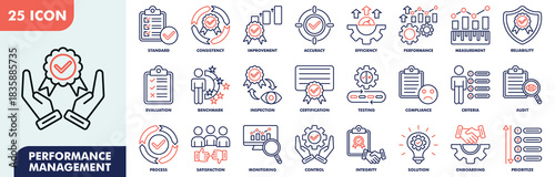 Performance Management Icon Set Collection. Consist Of Standard, consistency, improvement, accuracy, efficiency, performance, measurement, reliability. Simple Vector Illustration.