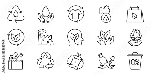 A Comprehensive Collection of Outline Vector Icons Representing Sustainability, Environmental Protection, and Eco-Friendly Initiatives for Modern Design