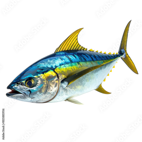 Tuna fish image with blue, yellow, silver scales and golden fins