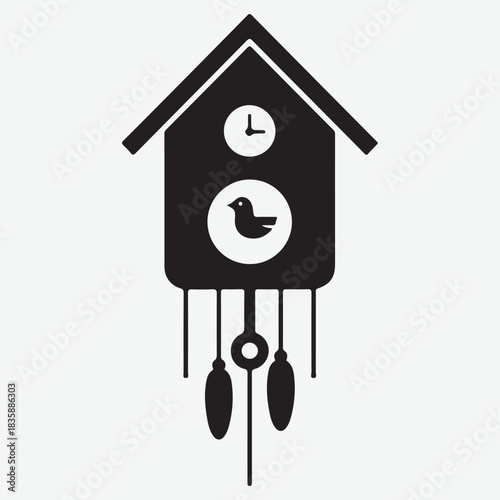 Black and White Silhouette of a Cuckoo Clock with Bird and Pendulums