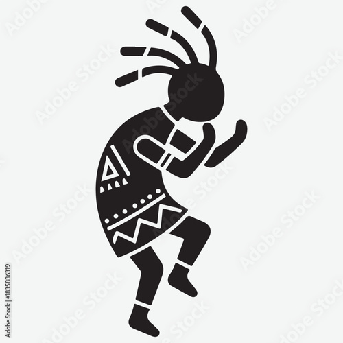 Black Kokopelli Silhouette Dancing with Tribal Patterns