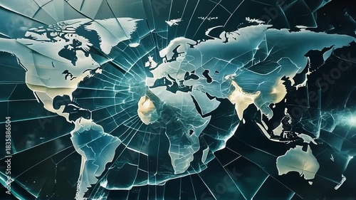 A shattered glass world map with radiating cracks symbolizing global fragmentation and fragility.