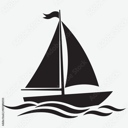 Black Silhouette of a Sailboat on Wavy Water with a Flag