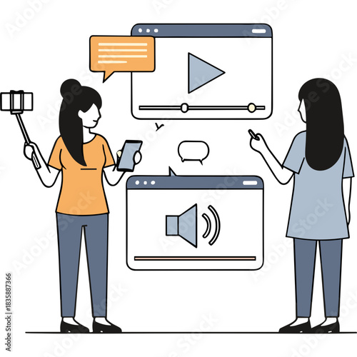 Two young women interact with digital screens displaying video and audio players illustrating content creation and media sharing concepts on a plain dark background