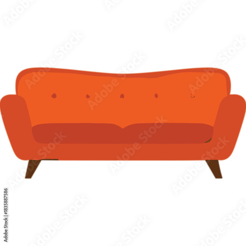 Vibrant Orange Mid Century Modern Sofa With Button Tufting and Tapered Wooden Legs Isolated on a Transparent Background