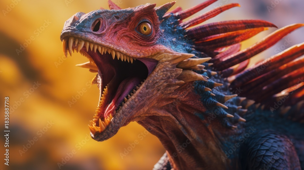 Fototapeta premium Vibrant and Fierce Dragon - A Detailed Digital Illustration with Open Mouth.