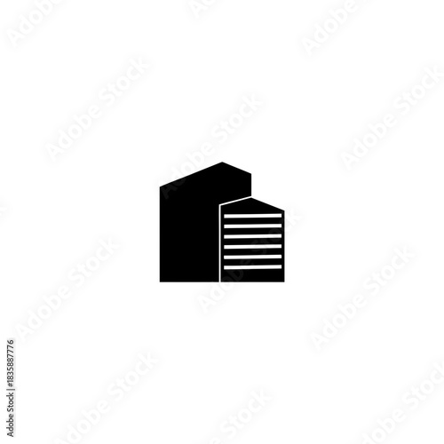 Two buildings one solid and one with horizontal lines in black and white minimalist design art on transparent background