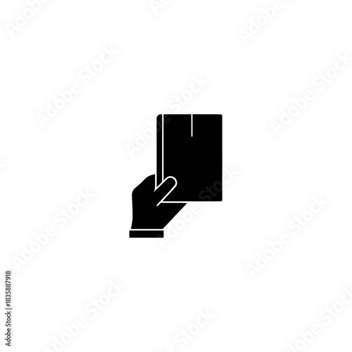 Illustration of a hand holding a rectangular book with a bookmark sticking out of the top edge on transparent background