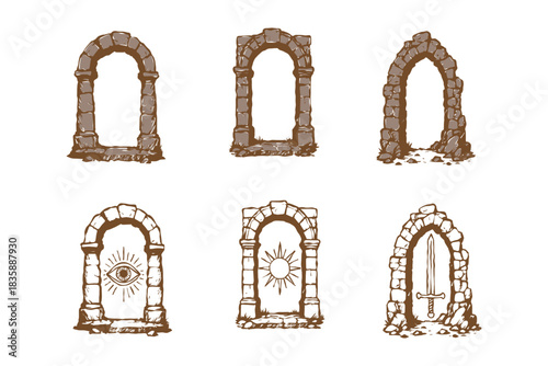 set of Jungle stone game UI frame, hand drawn ancient rock vector sign board, line art gray boulder buttons. User interface design object, tarot engraving Stone frame kit isolated on white background