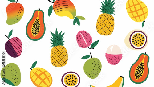 Vibrant and diverse collection of tropical fruits in a playful illustration style.