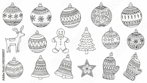 Hand drawn collection of various Christmas ornaments and decorations.