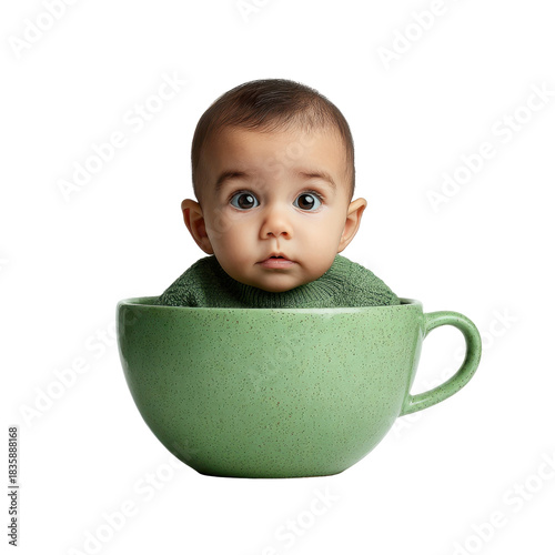 Charming baby in a teacup indoor setting portrait photography whimsical vibe