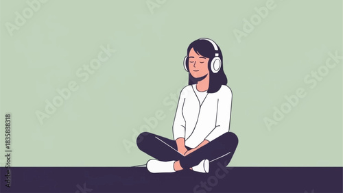 Young woman with headphones meditating or listening to music in a relaxed pose.