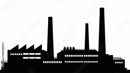 Industrial Factory Silhouette with Tall Chimneys and Buildings.