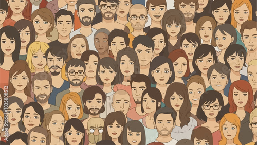 Diverse crowd of illustrated people faces seamless pattern.