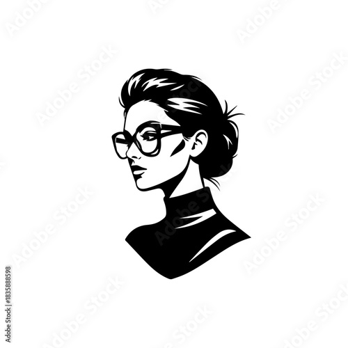 Elegant woman portrait wearing glasses in a minimalist black and white art style