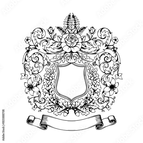 Detailed Black and White Heraldic Crest with Floral Elements and Ribbon Banner