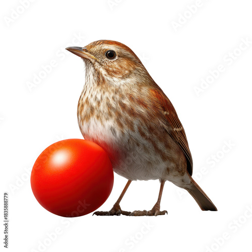 Bird pecking tomato isolated nature photography close-up viewpoint